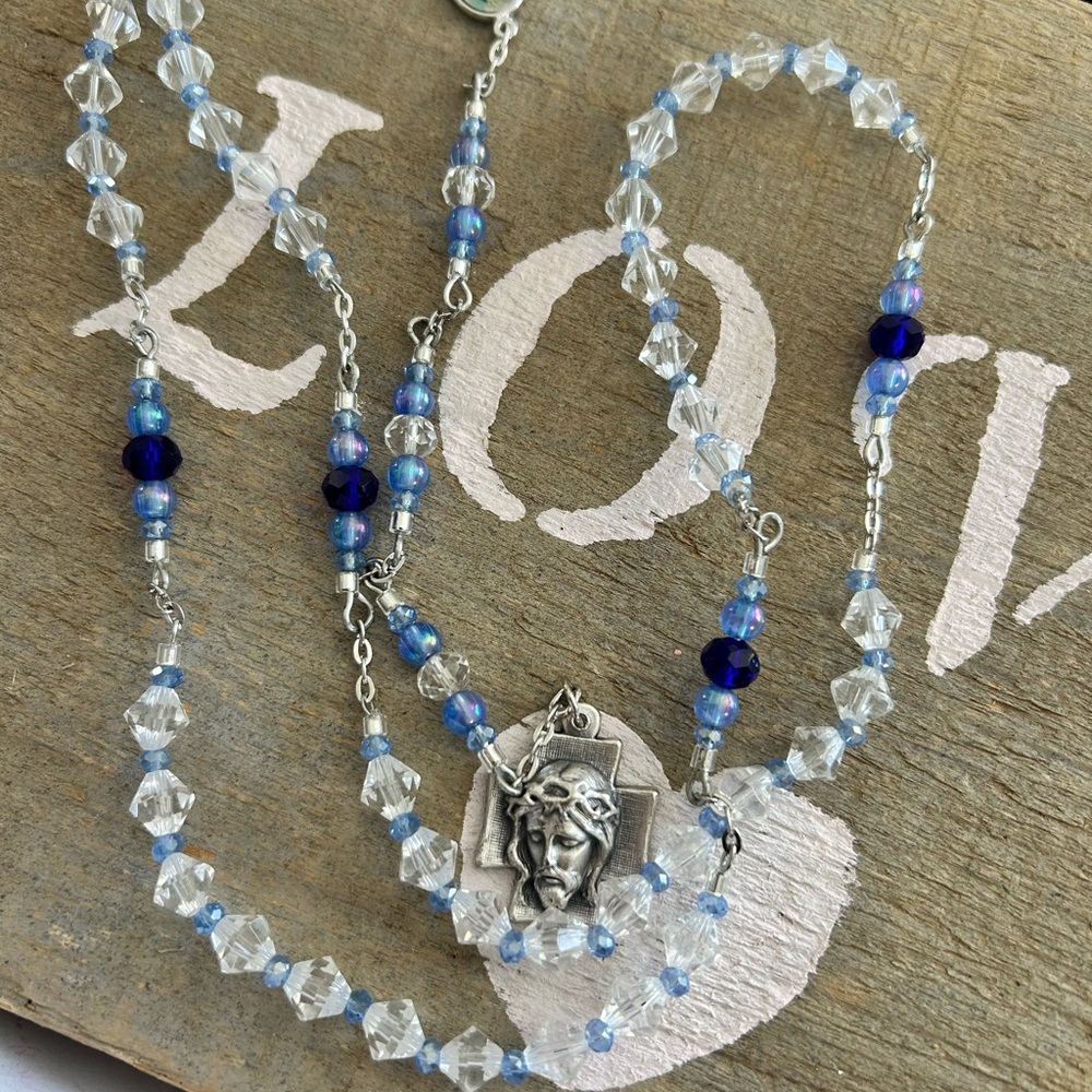 5/$100 Elegant ROSARY  Blue and Silver Beaded Necklace